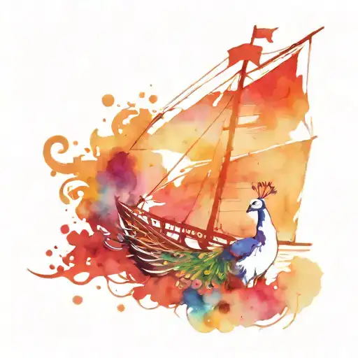 Colorful Peacock And A Sailing Ship