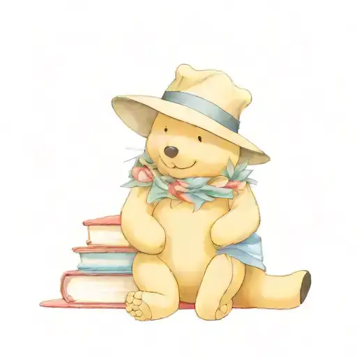 Winnie The Pooh With Oversized Sun Hat Next To Stack Of Books With Hawaiian Lei