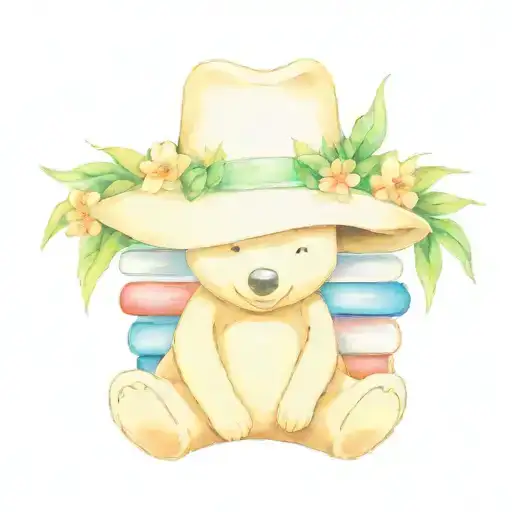 Winnie The Pooh With Oversized Sun Hat On Head Next To Stack Of Books With Hawaiian Lei On Neck
