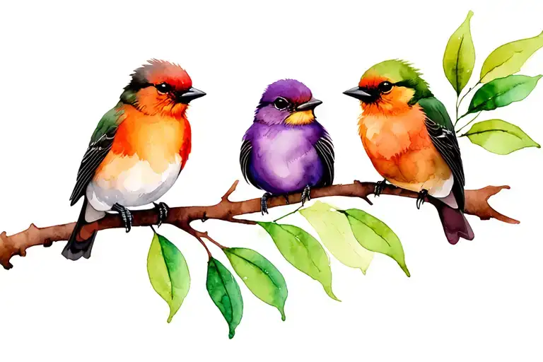 Three Watercolor Birds Perched On A Leafy Branch Orange Green And Purple