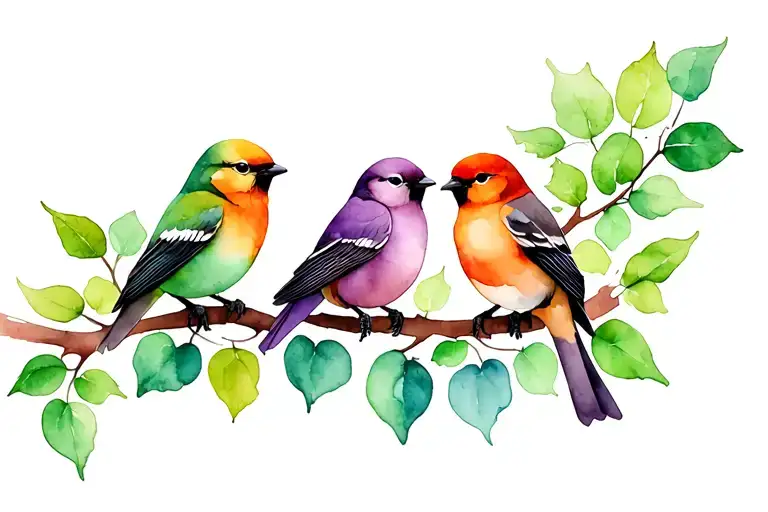 Three Watercolor Birds Perched On A Leafy Branch Orange Green And Purple