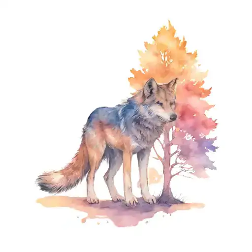 A Small Wolf Behind A Big Tree In Flame