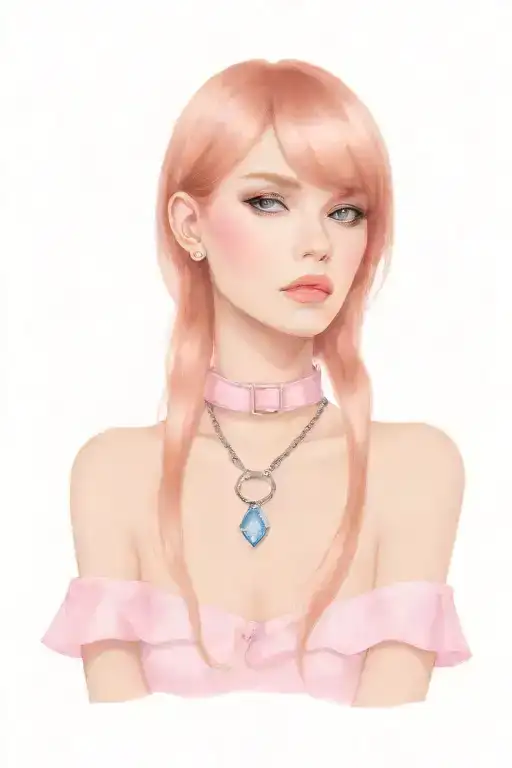 Sissy Slave Pink Leather Collar With Chain Leash Short Dark Brown Hair Blue Eyes Flat Chest