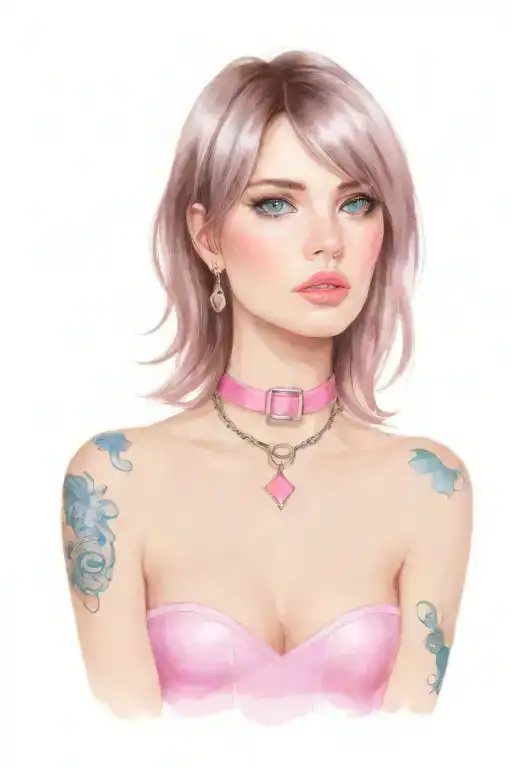 Sissy Slave Pink Leather Collar With Chain Leash Short Dark Brown Hair Blue Eyes Flat Chest