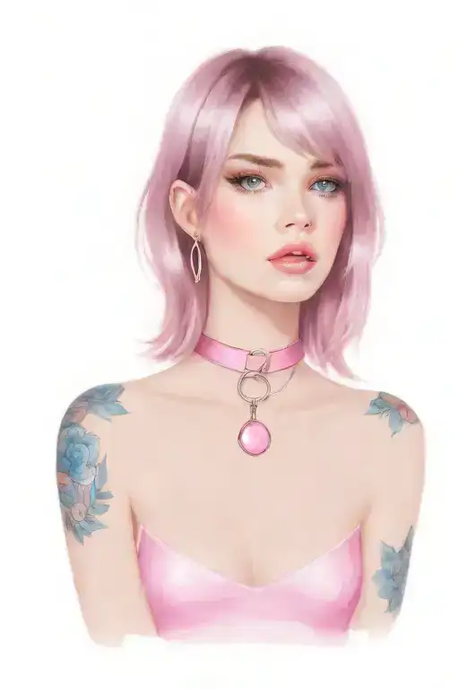 Sissy Slave Pink Leather Collar With Chain Leash Short Dark Brown Hair Blue Eyes Flat Chest