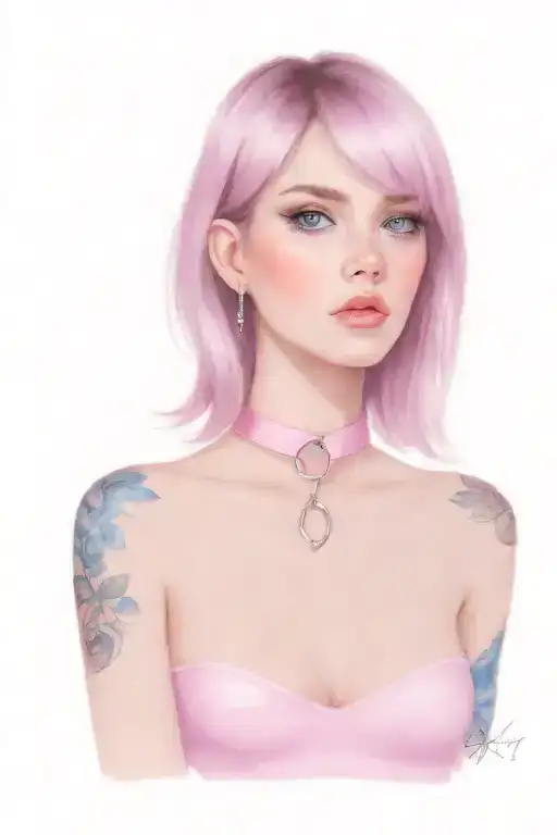 Sissy Slave Pink Leather Collar With Chain Leash Short Dark Brown Hair Blue Eyes Flat Chest