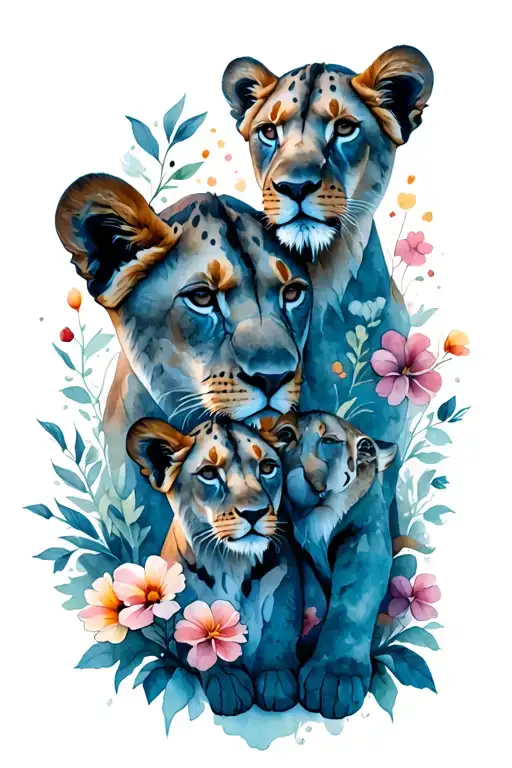 Lioness 5 Cubs Flowers Surrounding