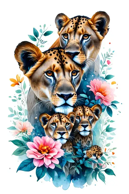 Lioness 5 Cubs Flowers Surrounding