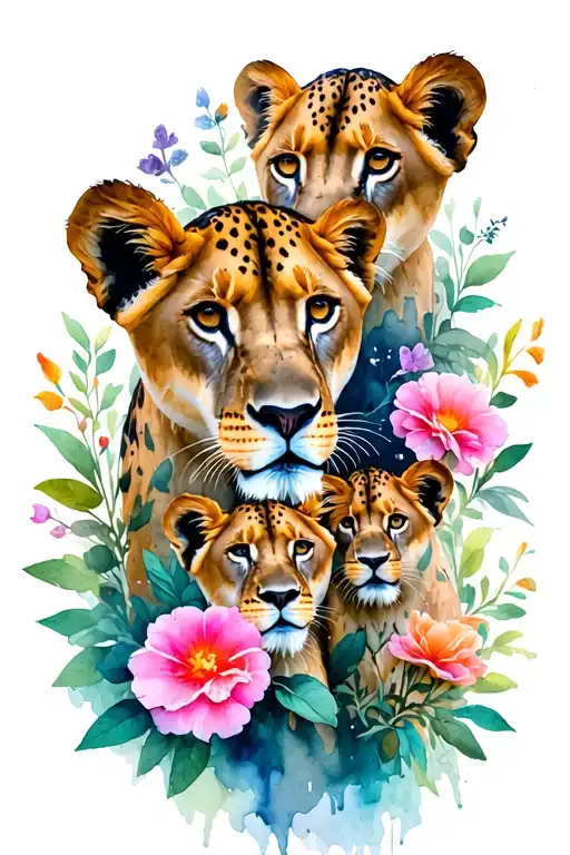 Lioness 5 Cubs Flowers Surrounding