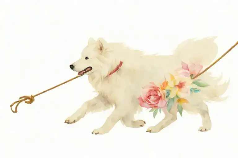 White Samoyedo Held On A Leash By Two Small Children As He Runs Towards A Flower