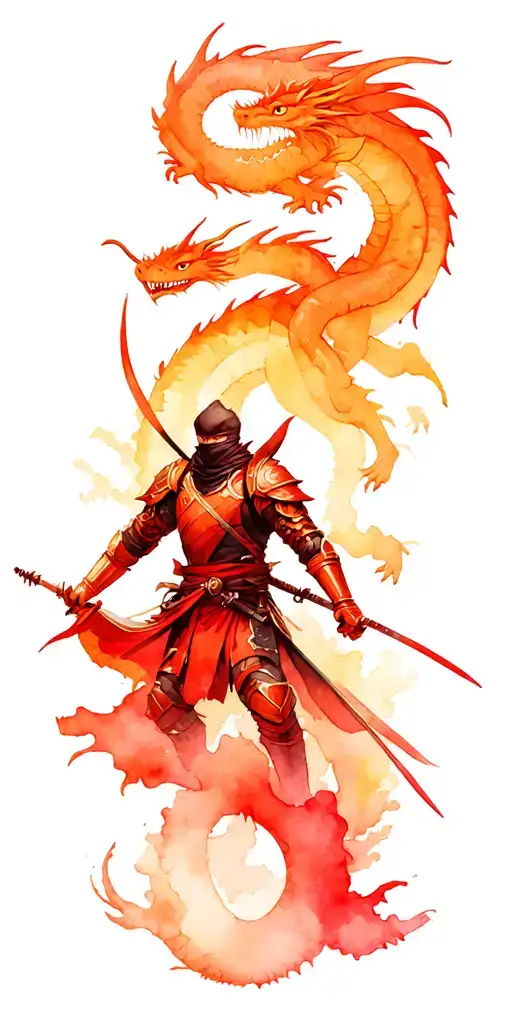 Ninja In Armor With Great Detail In The Background With Dragons On The Whole Hand