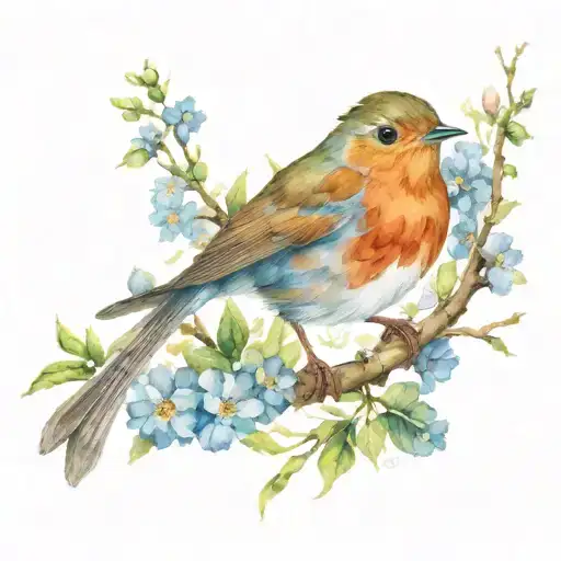 Robin On Branch With Flowera