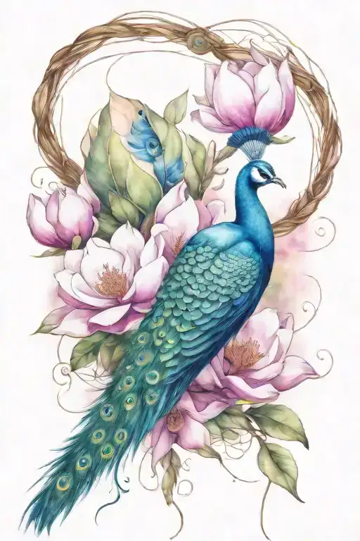 Magnolia Flower With Peacock And Thin Ropes