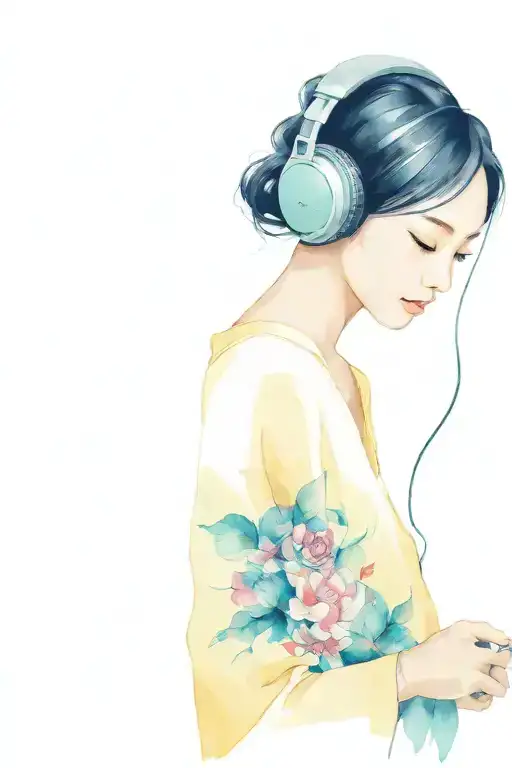 Japanese Girl With Headphones Listening To Music
