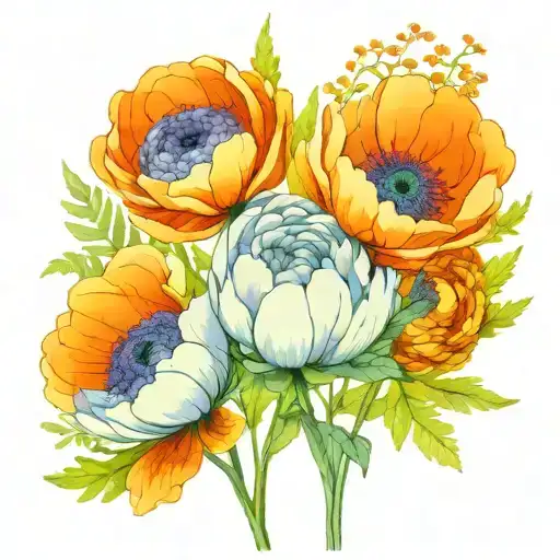 Flower Bouquet Of 3 Plants Fern Violet Ranunculus Thin Line Drawing