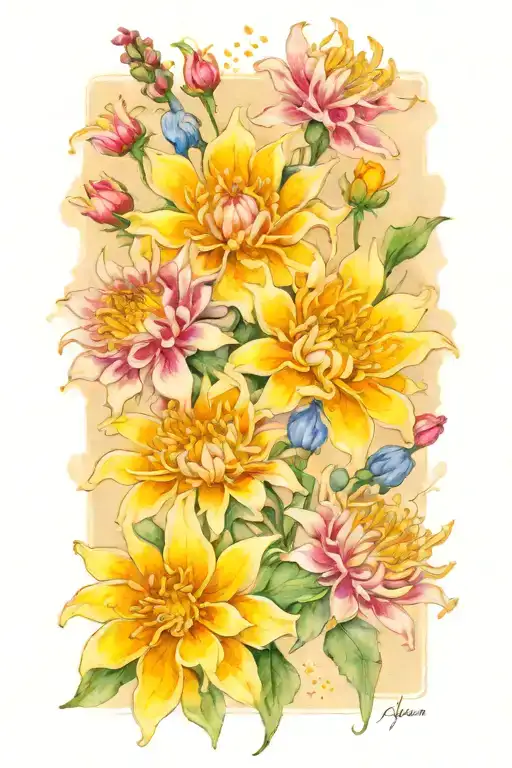 An Intricate Design Of A Chrysanthemum And Larkspur Blooming From An Open Art Book
