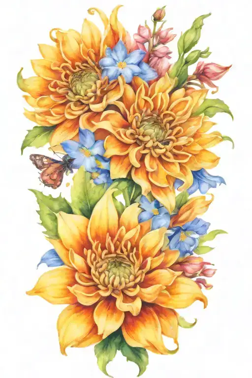 An Intricate Design Of A Chrysanthemum And Larkspur