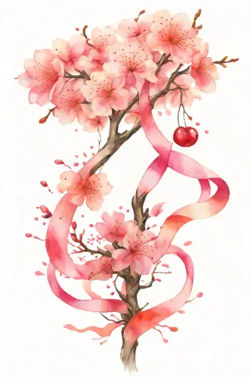 Pink Cancer Ribbon With Cherry Blossom Tree Growing