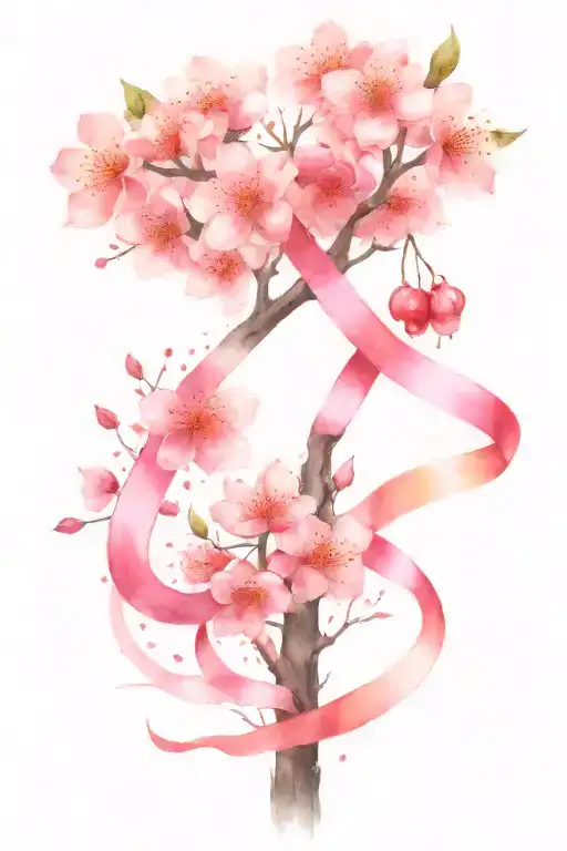 Pink Cancer Ribbon With Cherry Blossom Tree Growing