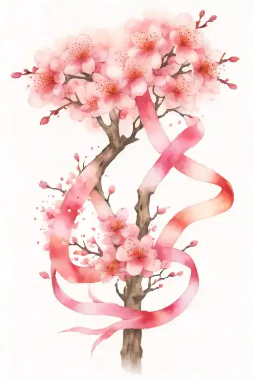 Breast Cancer Ribbon With Cherry Blossom Tree Growing