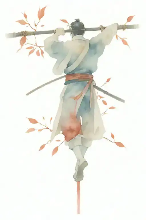 Samurai On Bridge Branches With Red Leaves Intertwined