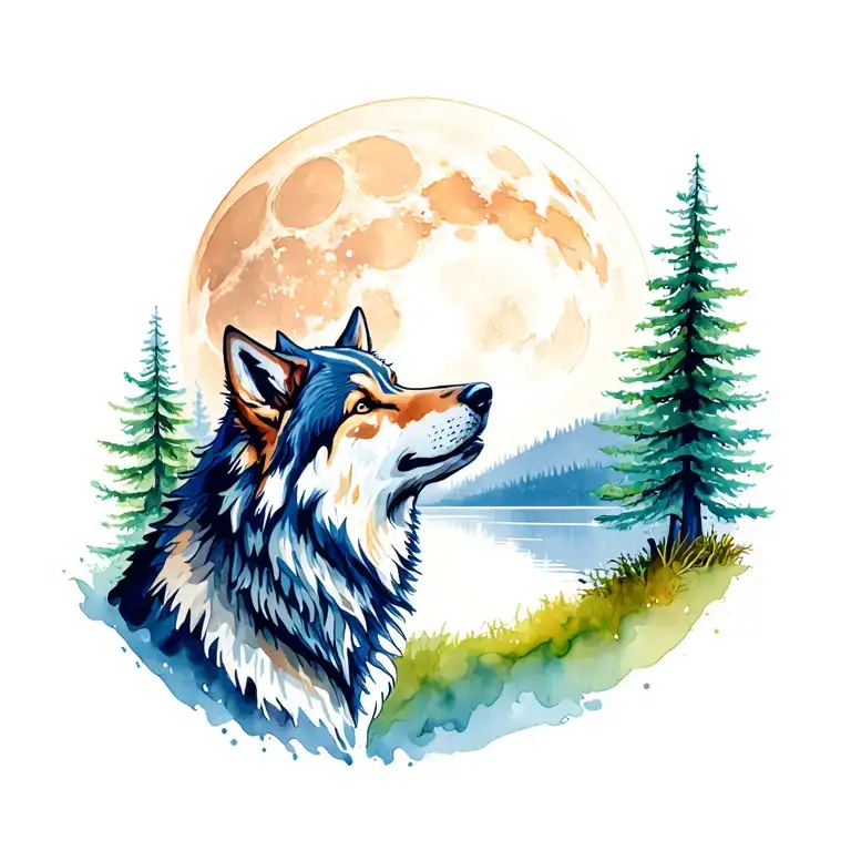 Adult Wolf Howling At The Moon In The Distance With Forest Lake Behind