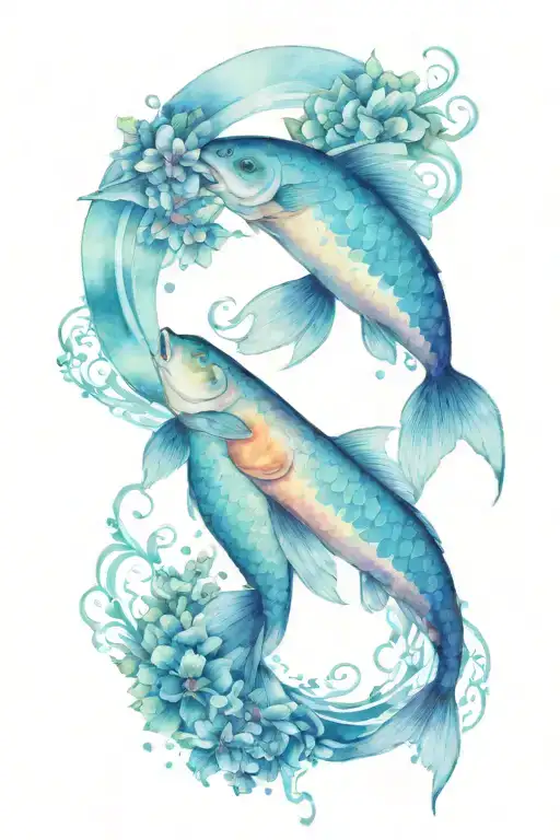 2 Pisces Fish Surrounded By Waves And Flowers And The Moon With A Japanese Feel