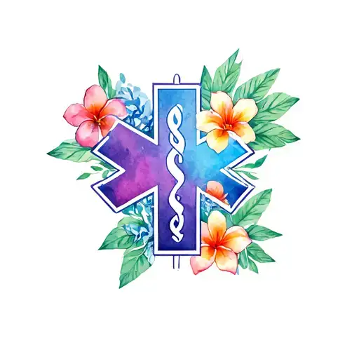 Ems Star Of Life Surrounded By Hawaiian Flowers And Leaves With Small Skulls