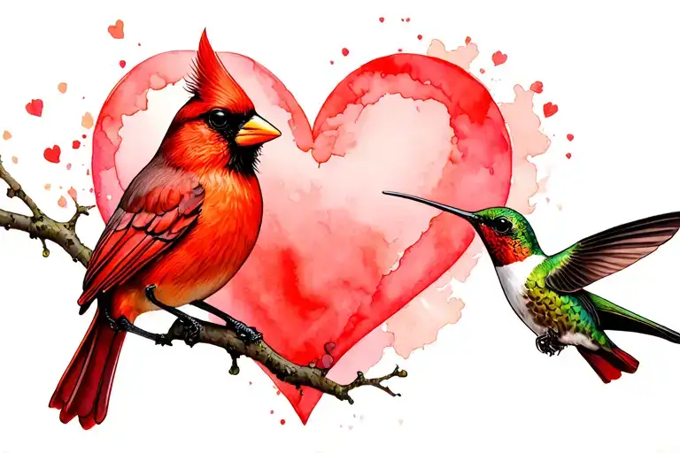 Cardinal And Hummingbird Hearts Surrounded
