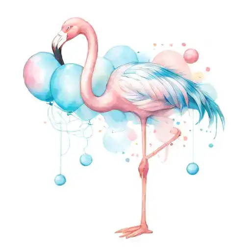 Flamingo Holding Balloons In Mondrian Theme