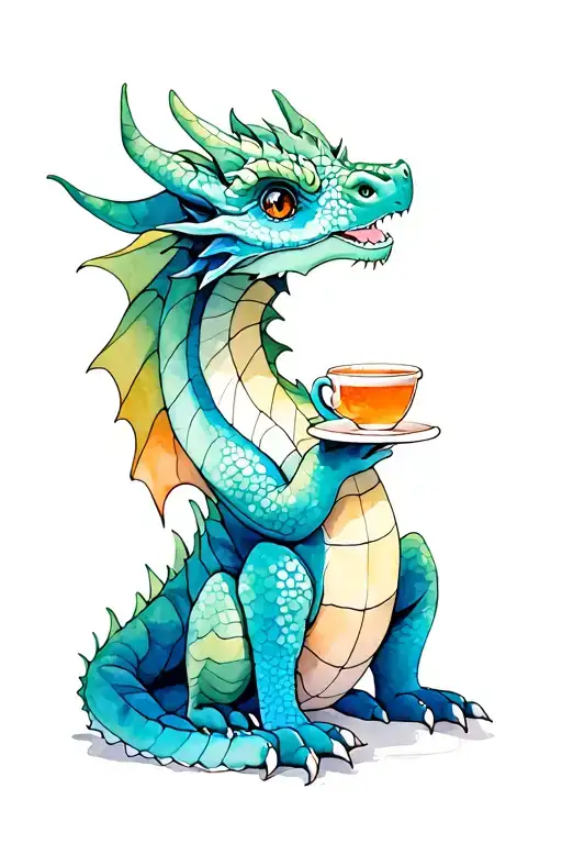 Adorable Dragon Sitting On Haunches With A Cup Of Tea