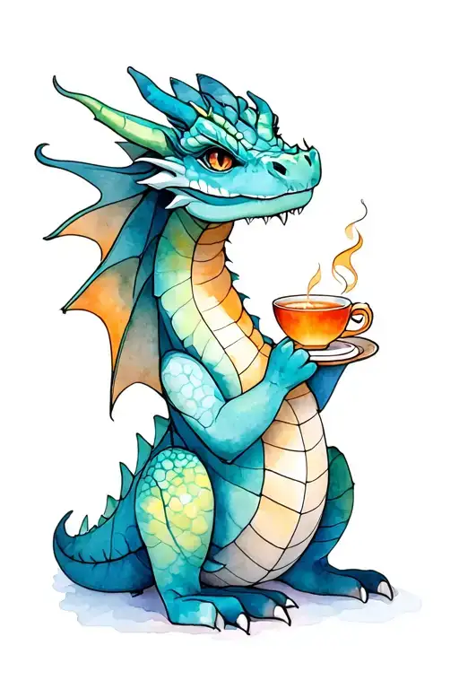 Adorable Dragon Sitting On Haunches With A Cup Of Tea Facing Forward