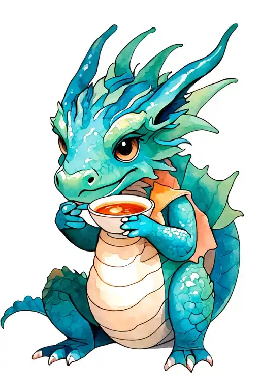 Adorable Dragon Sitting On Haunches With A Cup Of Tea