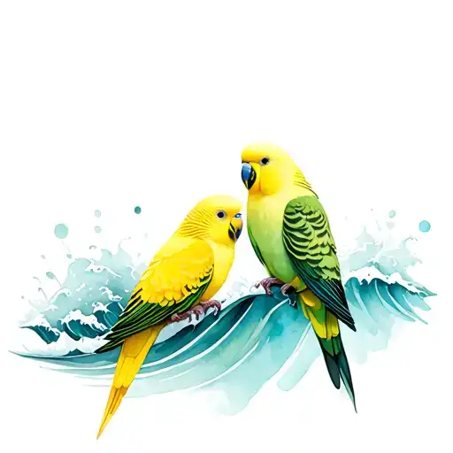 Two Budgies One Yellow And The Other Green With A Yellow Head Perched On A Fine Line Ocean Wave