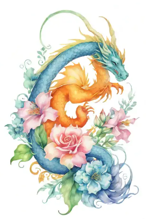 Feminine Dragon And Flowers Surrounding