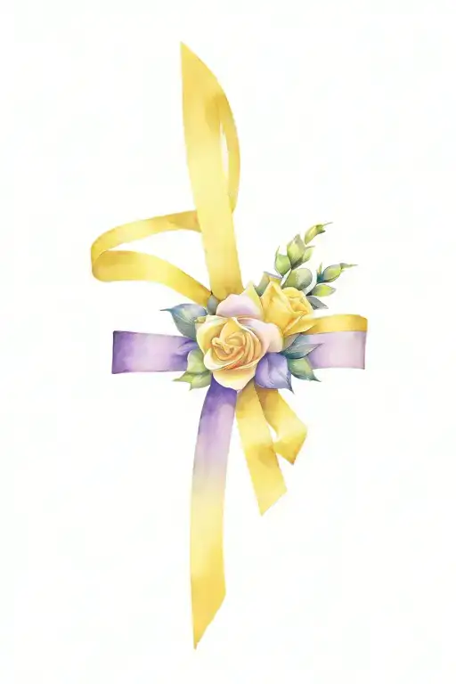 Yellow Rose Purple Ribbon And Cross Tattoo For Grandma