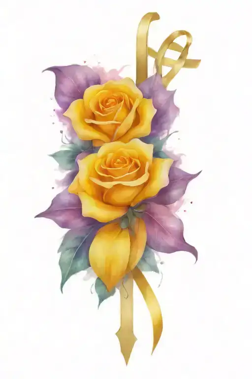 Yellow Rose Purple Cancer Ribbon And Cross Tattoo For Grandma