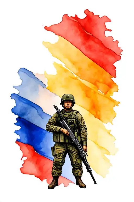Soldier Of The Russian Federation Against The Background Of The Flag