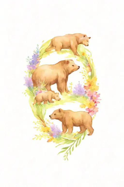 Mama Bear And Cubs With Wildflowers