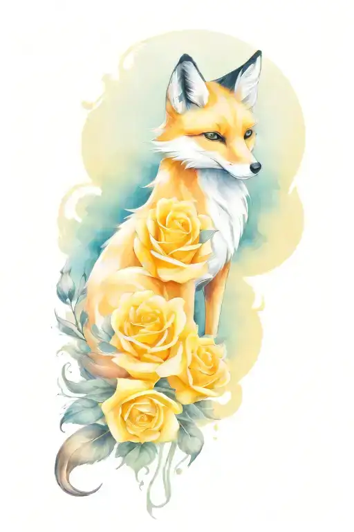 Nine Tail Fox With A Yellow Rose Intertwined