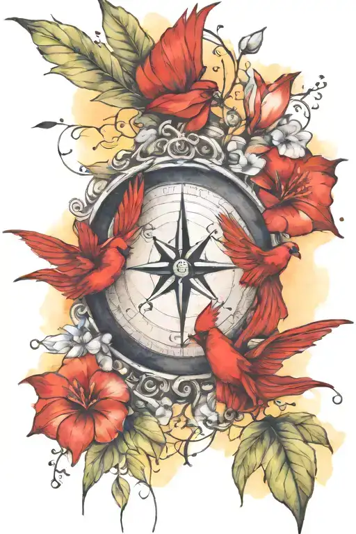 Flying Cardinal Compass Hibiscus Flowers Forearm
