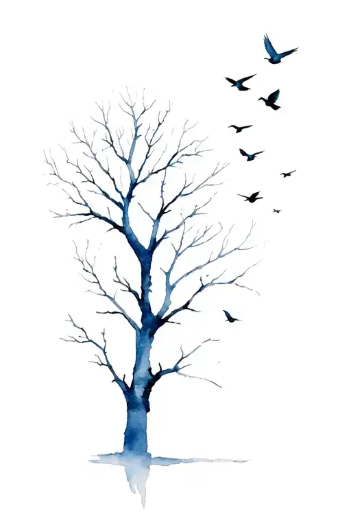 Bare Sycamore Tree With Birds Flying Away And