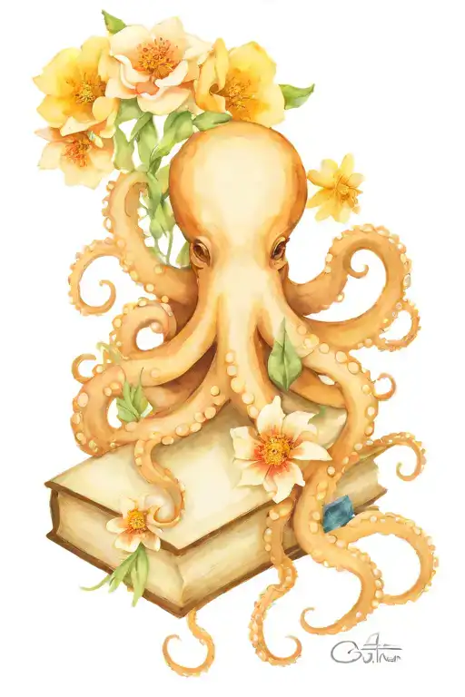 Octopus Holding Books With Flowers Blooming