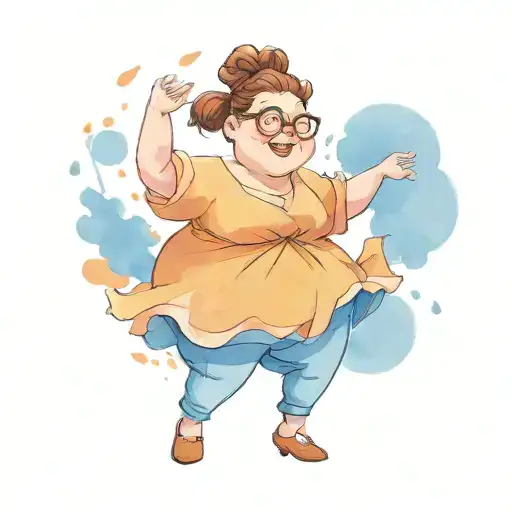 Cartoon Character Of A Chubby Woman With Brown Hair In A Messy Bun Wearing Glasses While Dancing