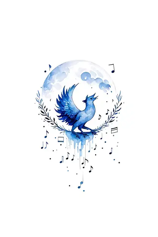 Phoenix Rising In Front Of The Moon Surrounded By Musical Notes