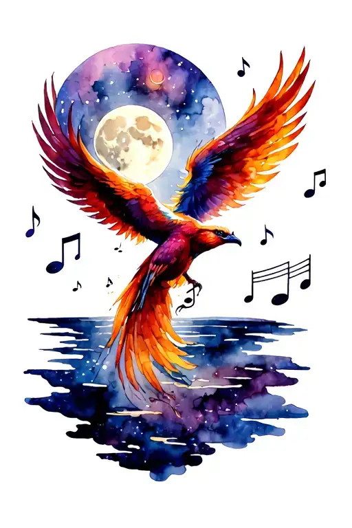 Phoenix Rising In Front Of The Moon Surrounded By Musical Notes