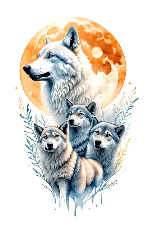 White Wolf Head Howling Moon And Three Wolf Cubs Surrounded