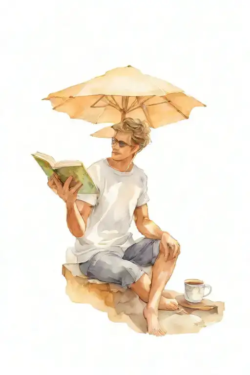 Man Reading Book With Coffee Mug Near Sea Side View