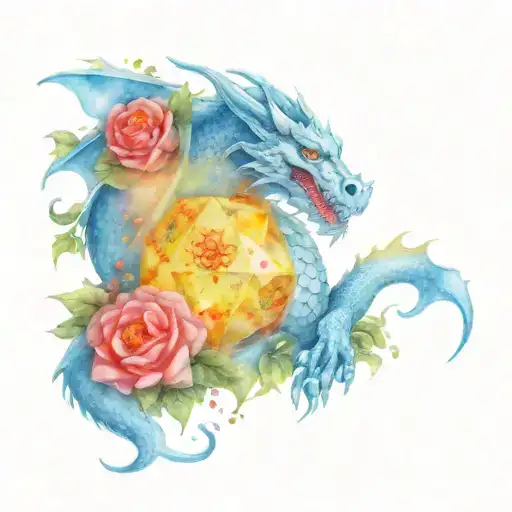 Light Blue Dragon Surrounded By Flowers Holding A 20 Sided Die