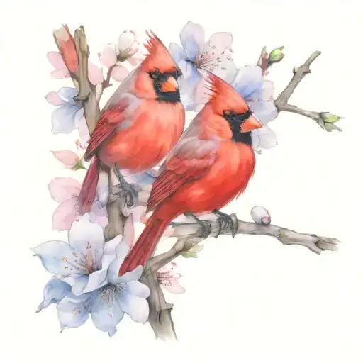Cardinal Couple On Cherry Blossom
